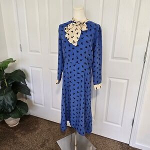 HVN Silk Midi Dress Women 12 Blue Black Fruit Print Tie Neck Long Sleeve Vintage